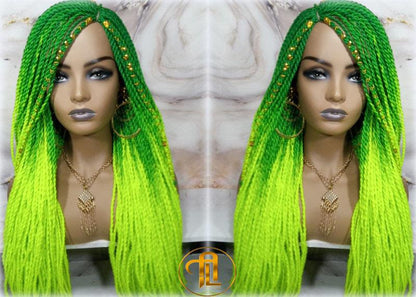 Ombre Senegalese Green Florescent Gradient Chartreuse Slime Green Twist Braid Wig Small Long Unicorn Braids Neon Festival EDC