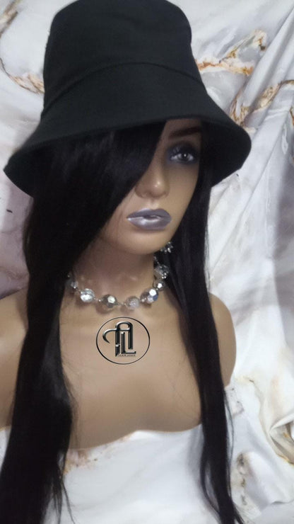 Bucket Hat Human Hair Black Straight Hair Alopecia Chemo Hair Thinning Fisherman Hat Long Human Hair protective style Easy to wear