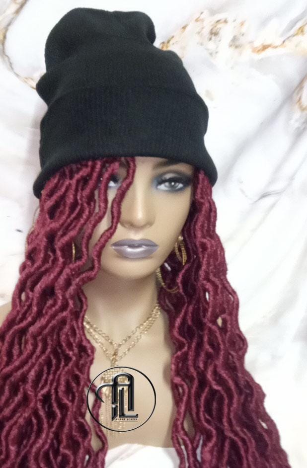 Beanie Hat Burgundy wavy faux locs Boho Style Long Hat Beanie Braided Hat Winter fall fashion Cap Wig Hat Chemo Hat Alopecia