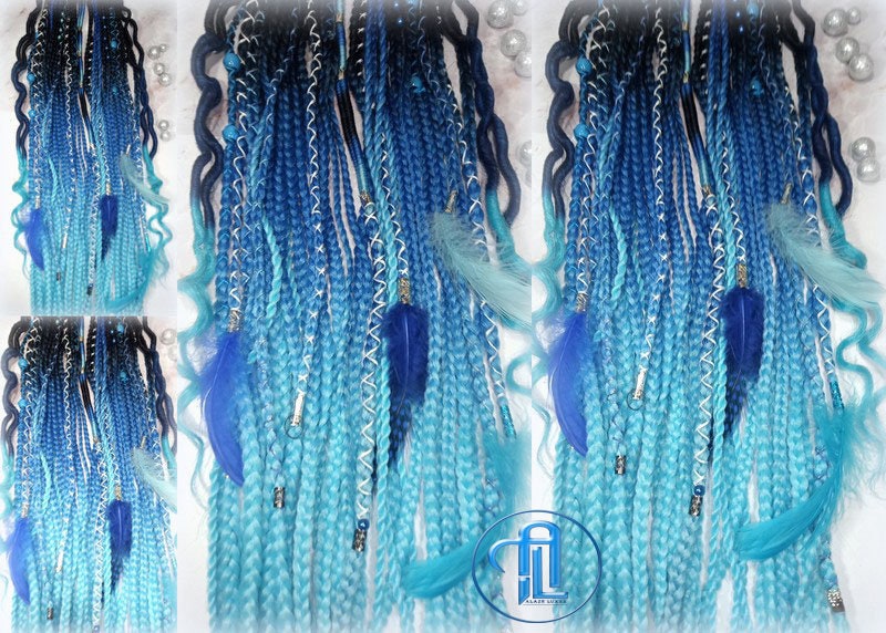 Viking Ponytail Hair Fall Extensions Black Blue  Elements Accents Feathers Jungle box braids hair scrunchie Butterfly