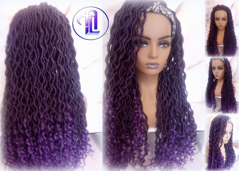 Headband Wig Viking Ombre Goddess Boho Locs  Black Purple Faux Locs Crochet Synthetic Dread Curly Ends Braided Hair Fall