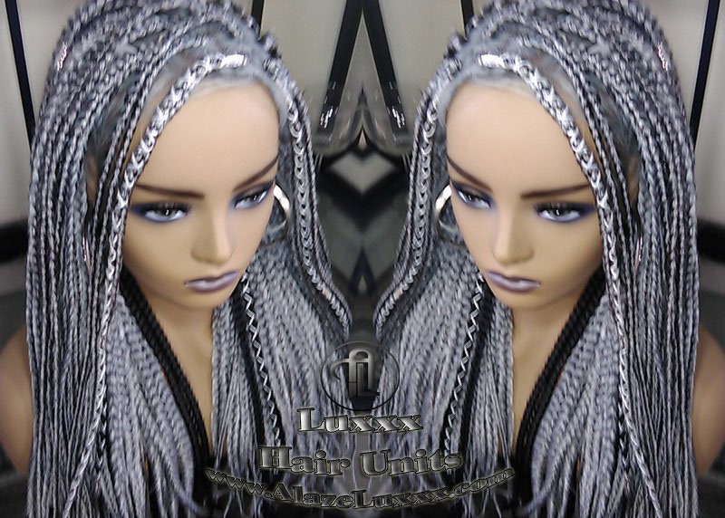 Box Braid 44 51 Wig Grey Gray Black 1b Silver Metallic Chrome Lace Baby Hair Storm Long Medium Straight Glueless! Braid Lace Wig