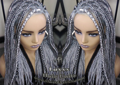 Box Braid 44 51 Wig Grey Gray Black 1b Silver Metallic Chrome Lace Baby Hair Storm Long Medium Straight Glueless! Braid Lace Wig