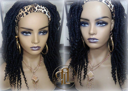 Headband Wig 14in' Passion Twist Short Black 1B Mini Small Fluffy Irregular Bomb Spring Bohemian Boho Water Wave twist hair Ready to Ship