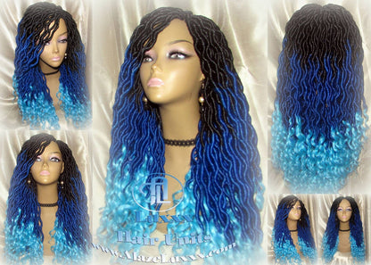 Goddess Faux Locs Blue Ombre curly long wig synthetic dreads crochet braids Mermaid Hair Drag Queen Cosplay Wig Carnival Festival Hair