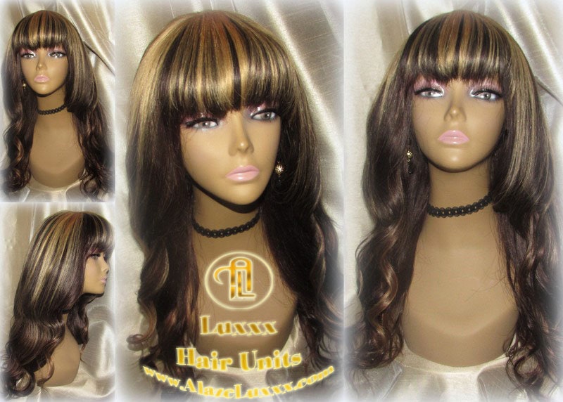 China Chinese Bang Virgin Hair Unit Wig Brown Honey Blonde Ombre Straight Hair Highlights Balayage Brown 27  dark roots Alopecia Wig Stylist