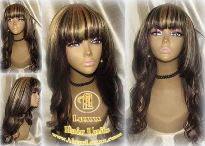 China Chinese Bang Virgin Hair Unit Wig Brown Honey Blonde Ombre Straight Hair Highlights Balayage Brown 27  dark roots Alopecia Wig Stylist
