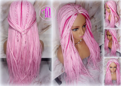 Light Pink Hot Pink Mermaid Princess Wig Box Braids braided Synthetic hair Lace Part Wig Light Pink wig extensions stage hair wig Barbie