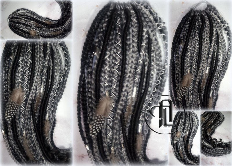 Viking Ponytail Hair Fall Extensions Black Silver Grey  Elements Accents Feathers Jungle box braids hair scrunchie Butterfly