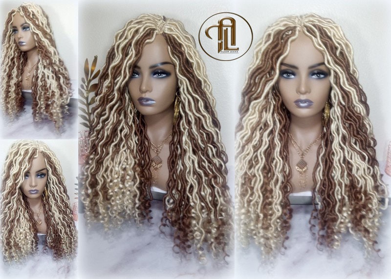Goddess Faux Boho Platinum Blonde Braid Wig Gypsy Bohemian Full Wavy Dread Set Dread Locs Wig Honey Blonde #613 #27  Wavy Dred Lock Cosplay