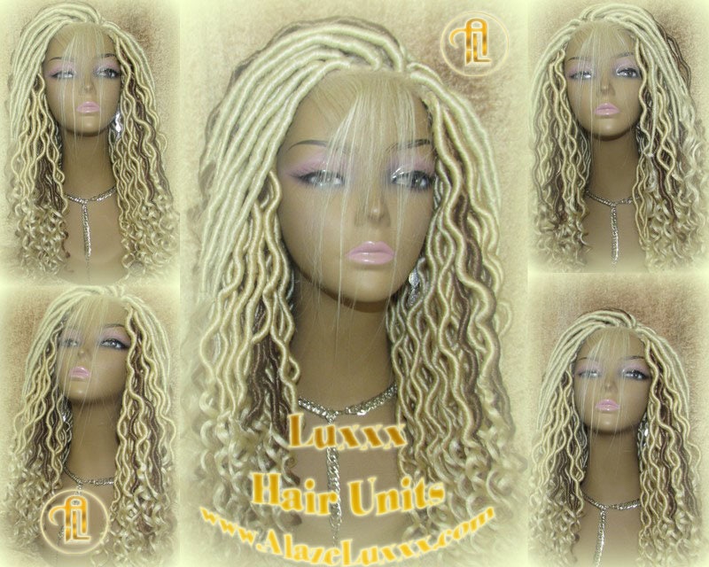 Platinum Blonde Gypsy Bohemian Boho Goddess Faux Dread Locs Wig Unit! Blonde #613 #27 Wavy Marley Dred Lace Closure Lace 4x4 Wig Baby Hair