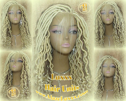 Platinum Blonde Gypsy Bohemian Boho Goddess Faux Dread Locs Wig Unit! Blonde #613 #27 Wavy Marley Dred Lace Closure Lace 4x4 Wig Baby Hair