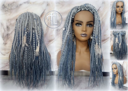 Viking Headband Wig Boho Silver Blue Feathers Accents Pirates Witch Clipin Hair Pieces Norse Temporary Braid in Dread Falls Punk Gothic Goth