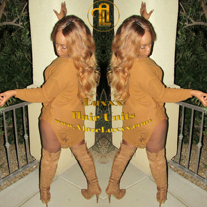 Honey Blonde Auburn 27/30 Dark Roots Ombre 24 In' Long  Custom Color Virgin Hair Unit Lace Front Celebrity Wigs Kim Khloe Kardashian Wig