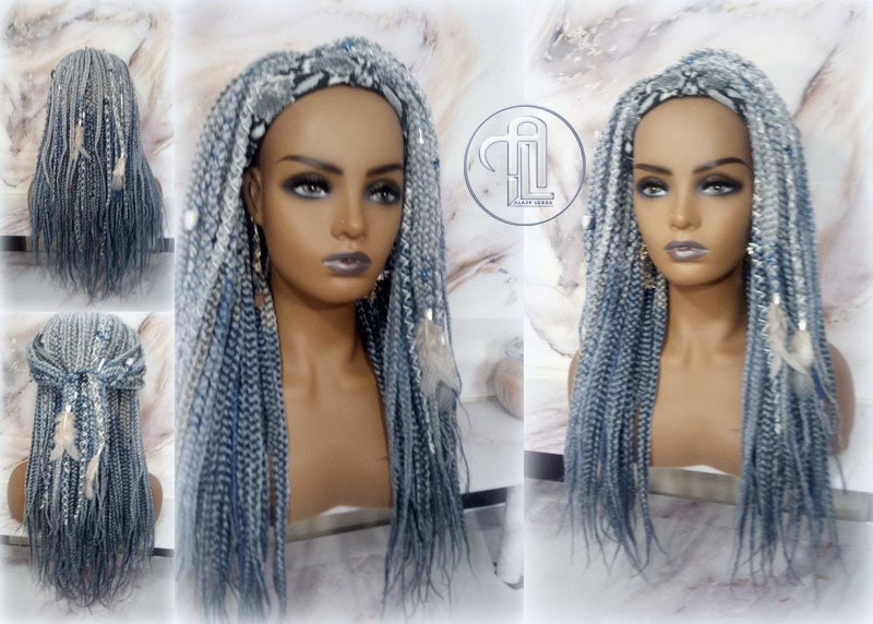 Viking Headband Wig Silver Blue Goddess Faux Dread Locs Gypsy Boho Silver Grey Gray  Wig Unit Wavy Feathers Accent Renaissance Festival Hair