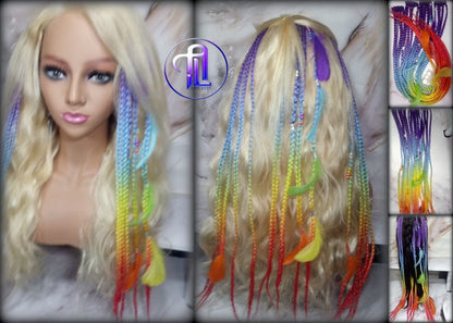 Rainbow Ombre Clip in Braid Long 24 in Boho Feathers Elements Extensions Rainbow Ombre Pink Box braiding Rave Festival LGBTQ Pride