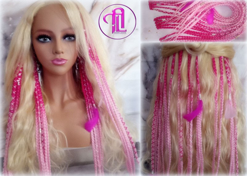 Pink Ombre Clip in Braid Long 24 in Boho Extensions Pink Ombre Blonde Pink Box braiding hair Rave Festival Elements Feathers