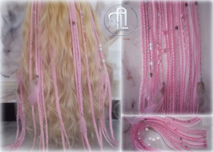 Clipin Light Pink Pastel Clip in Braid Long 24 in Boho Extensions Pink Ombre Purple Box braiding hair Rave Festival Feathers Elements