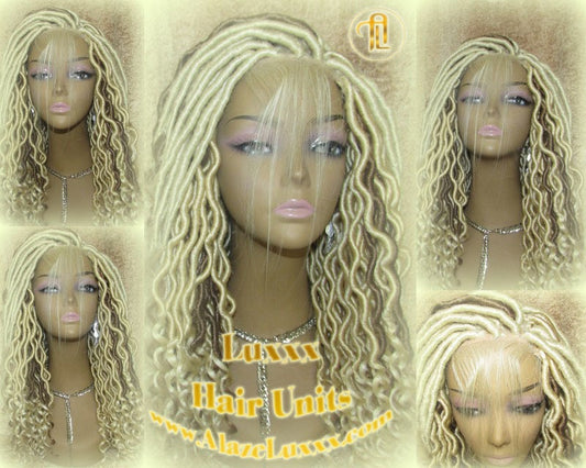 Platinum Blonde Gypsy Bohemian Boho Goddess Faux Dread Locs Wig Unit! Blonde #613 #27 Wavy Marley Dred Lace Closure Lace 4x4 Wig Baby Hair