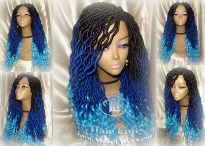 Goddess Faux Locs Blue Ombre curly long wig synthetic dreads crochet braids Mermaid Hair Drag Queen Cosplay Wig Carnival Festival Hair