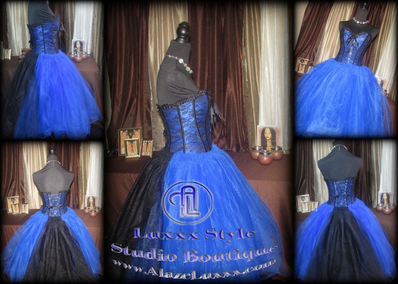Blue Black Floral Corset Tulle Dress Skirt Wedding Prom Party Dress Burlesque Homecoming Cosplay EDC RAVE Festival TuTu Quinceanera Sweet16