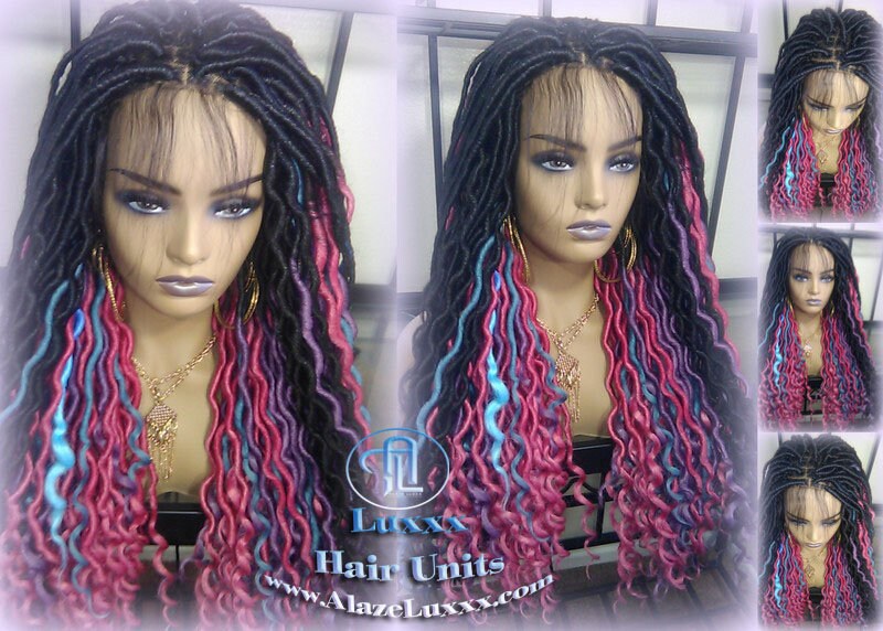 Blue Pink Purple Teal Ombre Goddess Faux Locs Lace Closure w Baby Hairs Faux Loc Wig 4x4 Wig Mermaid long rainbow boho bohemian braids wig