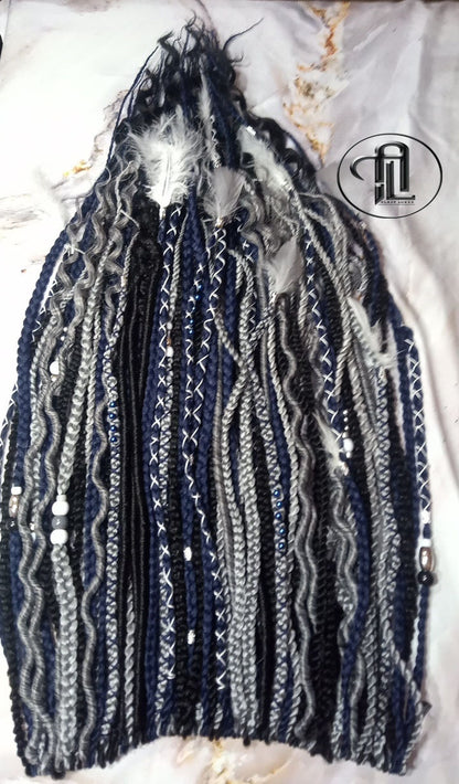 Blue Black Silver Boho Single Ended SE 100 Piece Braids Plaits Twist Soft Crochet Boho Dread Braid Hair Wraps Extensions SE Dread Cuffs Ring