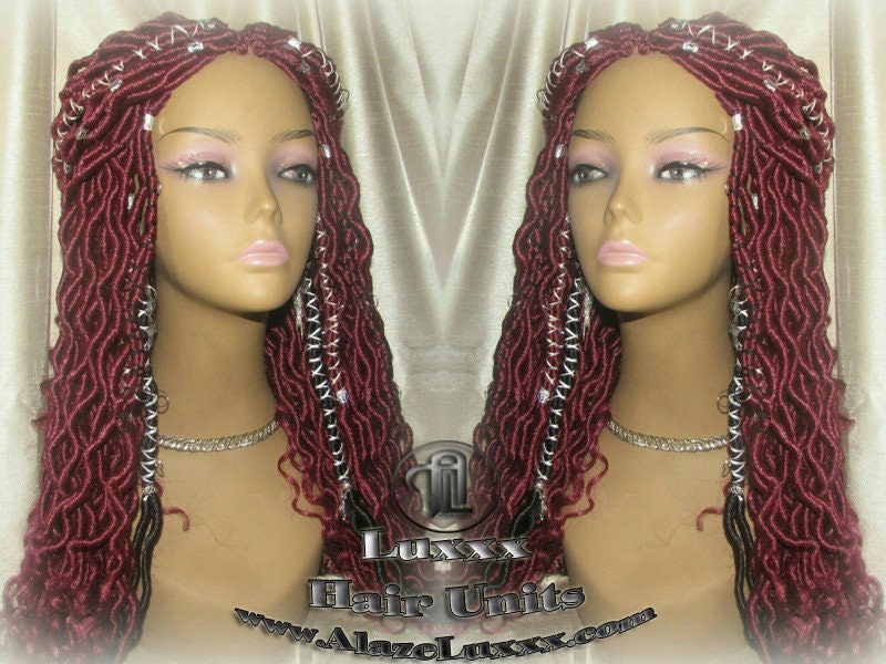 Rich Red Black Goddess Faux Loc Braided Wig Gypsy Bohemian Boho Dread DE SE Dred Lock Crochet Braided Wig Costume Carnival Festival Hair wig