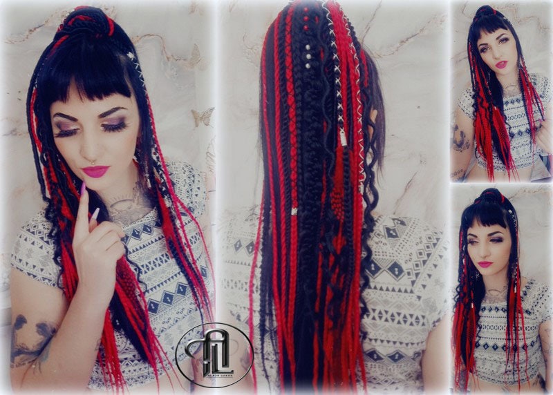 Red Rave Ponytail Hair Fall Viking Extensions Black Red Elements Accents Feathers synthetic box braids hair scrunchie Cosplay Anime