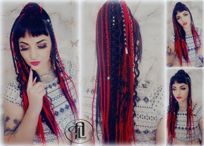 Red Rave Ponytail Hair Fall Viking Extensions Black Red Elements Accents Feathers synthetic box braids hair scrunchie Cosplay Anime