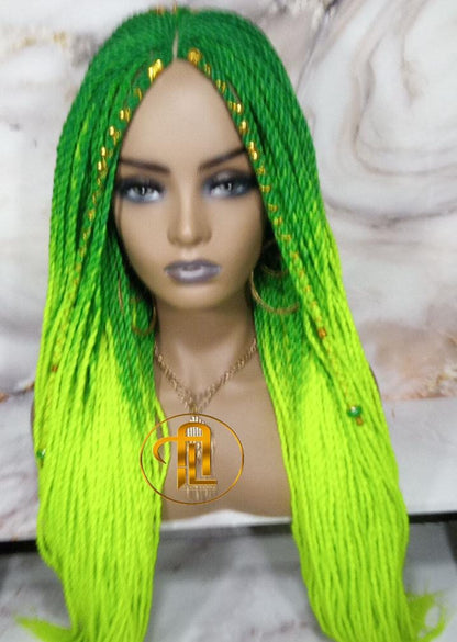 Ombre Senegalese Green Florescent Gradient Chartreuse Slime Green Twist Braid Wig Small Long Unicorn Braids Neon Festival EDC