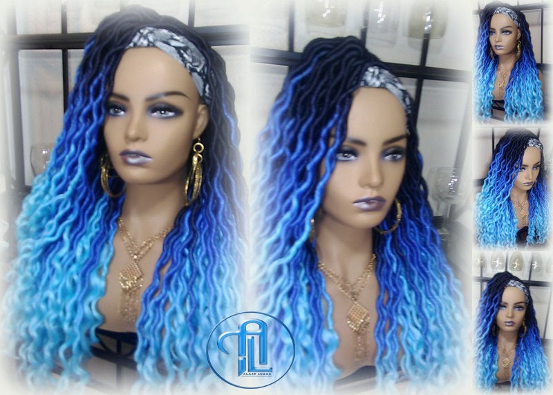Headband wig Dreadlock Wig Mermaid Blue Ombre gradient Goddess Faux Locs curly long rainbow boho bohemian wig