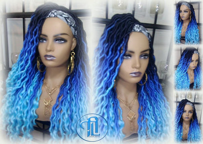 Headband wig Dreadlock Wig Mermaid Blue Ombre gradient Goddess Faux Locs curly long rainbow boho bohemian wig