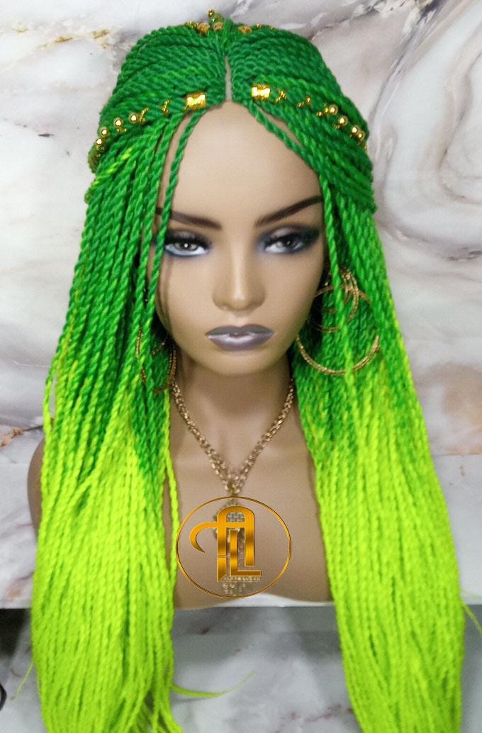 Ombre Senegalese Green Florescent Gradient Chartreuse Slime Green Twist Braid Wig Small Long Unicorn Braids Neon Festival EDC