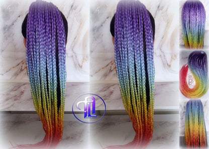 Ponytail Hair Fall Extensions Ombre Rainbow Purple Blue Elements Accents Feathers synthetic box braids hair scrunchie clip in Clip on Braids