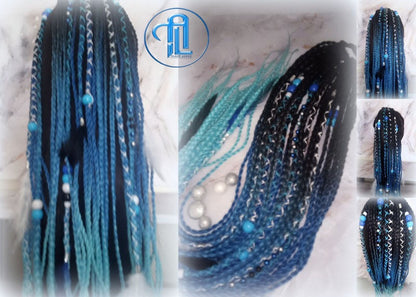Black Blue Ombre Braids Extension on Hairband Hair Tie Synthetic Dreads Ponytail Boho Hair Falls RenaissanceAccents Feathers synthetic