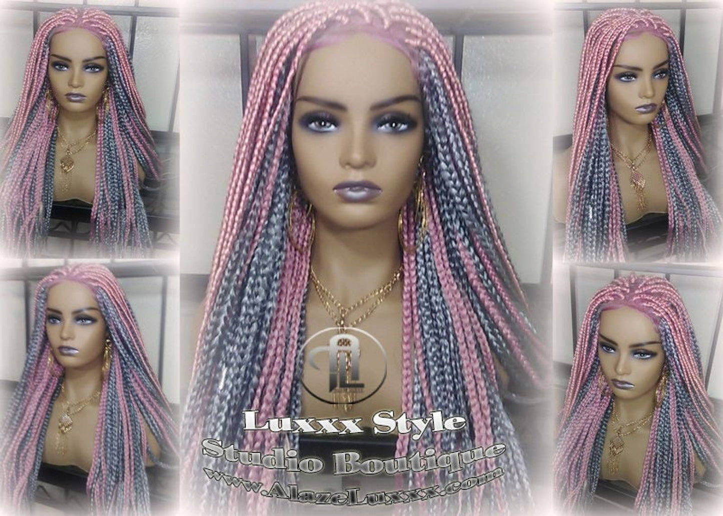 Pink Grey Mermaid Wig Box Braids braided Synthetic hair Lace closure Baby hair Light Pink wig pink extensions stage hair gypsy Boho