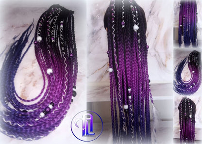 Black Purple Blue Ombre Braids Extension on Hairband Hair Tie Rave Dread Ponytail Boho Hair Falls RenaissanceAccents Feathers synthetic
