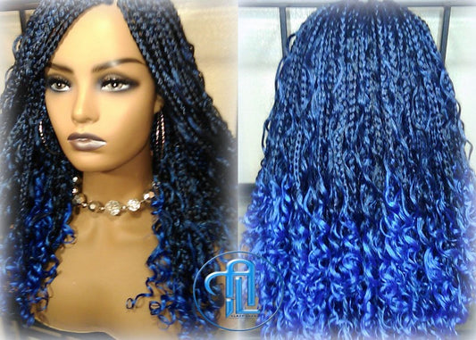 Blue Ombre Goddess Box Braids Mermaid curly long distressed bohemian braids Gradient Hair Short Curly 14/16in