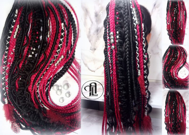 Ponytail Hair Fall Viking Extensions Black Red Elements Accents Feathers synthetic box braids renaissance hair scrunchie kawaii dreadlock