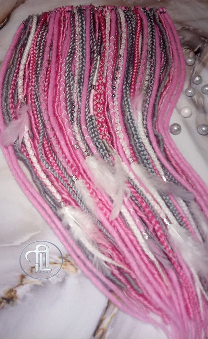 Pink Gray White Straight Single Ended SE Set Kit Soft Crochet Boho Dread Braid Hair Wrap Extensions Festival Hair Partial Single Loop Dread