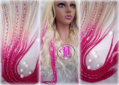 Blonde Pink Ombre Clip in Braid Long 24 in Boho Extensions Pink Ombre Blonde Pink Box braiding hair Rave Festival Elements Feathers