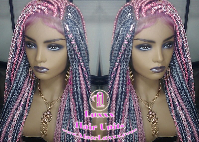 Pink Grey Mermaid Wig Box Braids braided Synthetic hair Lace Baby hair Light Pink wig pink extensions stage hair gypsy Boho Butterfly