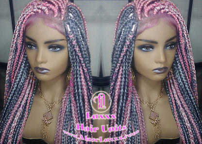 Pink Grey Mermaid Wig Box Braids braided Synthetic hair Lace Baby hair Light Pink wig pink extensions stage hair gypsy Boho Butterfly