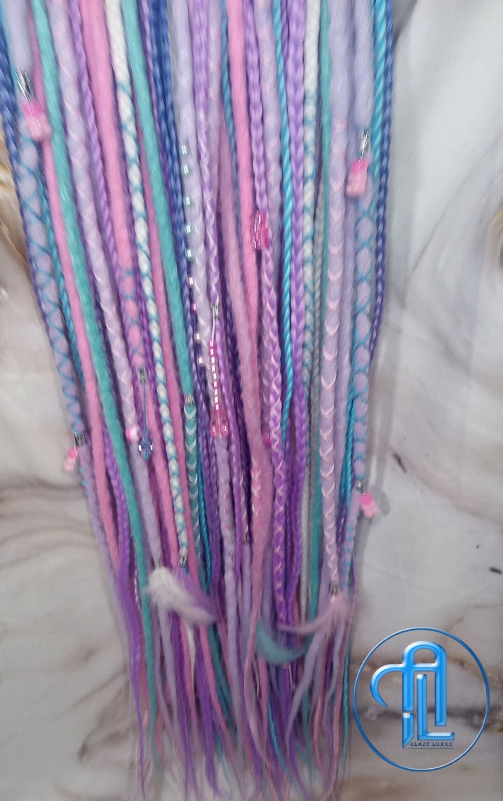 Purple Unicorn Cotton Candy Single Ended SE Set Crochet Boho Dread Braid Extensions Kawaii Festival Hair Teddy Bear Charms Hair Pink Blue