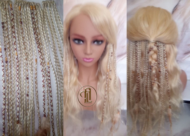 Blonde 613 White Blonde Platinum Clip in Braid Long 24 in Boho Extensions Box braiding hair Rave Festival Feathers Elements