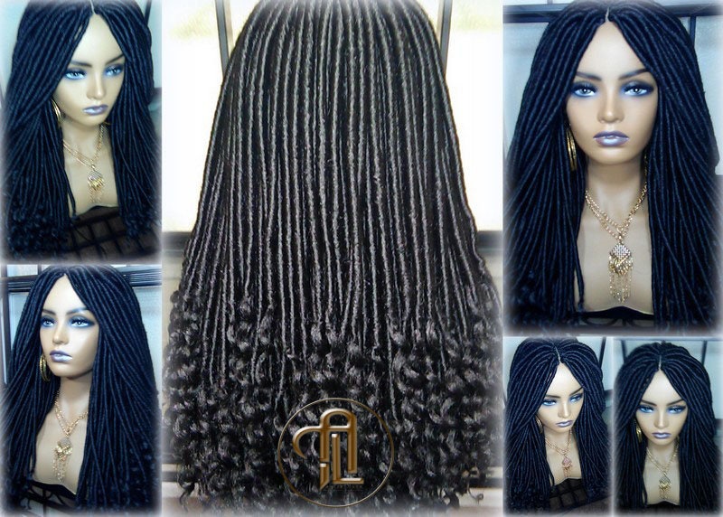 Long Straight Black Goddess Faux Locs Curly Ends Dread Wig Gypsy Faux Synthetic Dred Loc Bohemian Boho