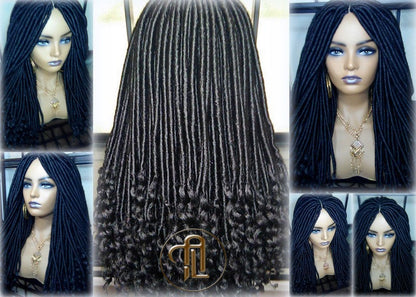 Long Straight Black Goddess Faux Locs Curly Ends Dread Wig Gypsy Faux Synthetic Dred Loc Bohemian Boho