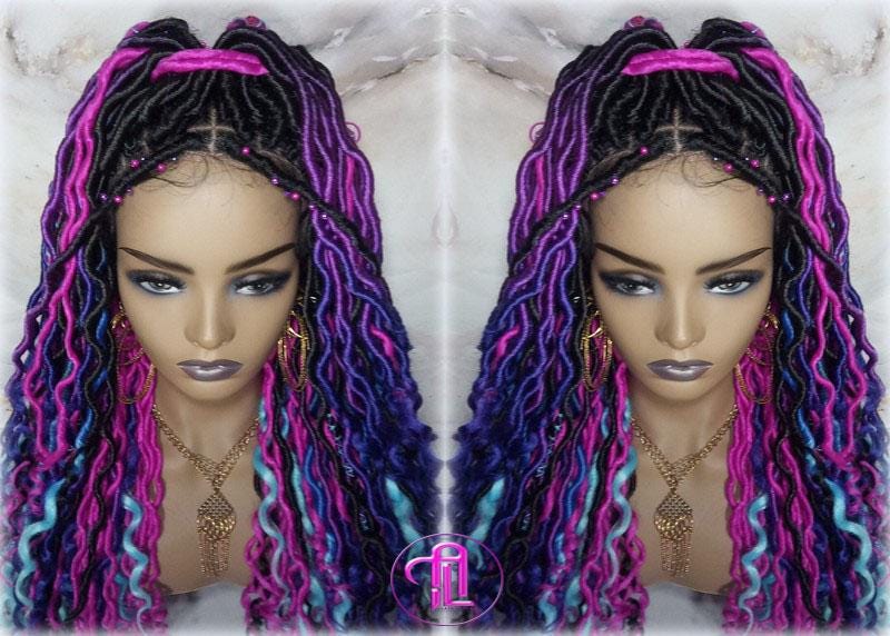Full Lace Braid Dread Wig Black Blue Pink Purple Ombre Goddess Faux Loc Wig Mermaid long rainbow boho bohemian braids wig