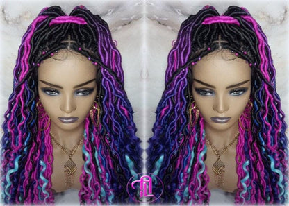 Full Lace Braid Dread Wig Black Blue Pink Purple Ombre Goddess Faux Loc Wig Mermaid long rainbow boho bohemian braids wig